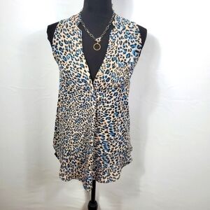 Lush Blue & Brown Leopard Print Blouse Size Small | Flowy Chiffon Top